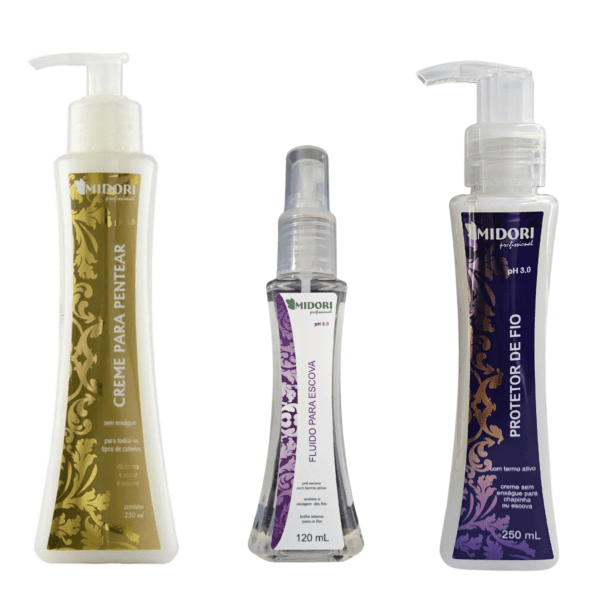 Kit Protetor de Fio, Creme de Pentear e Fluido escova Midori